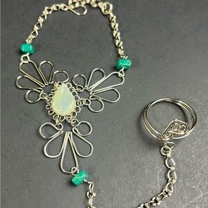 Elegant Peruvian Opal Stone and Hand Chain Slave Bracelet